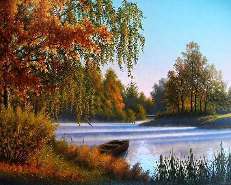 Boat on a River — Blue, Serene, Autumn