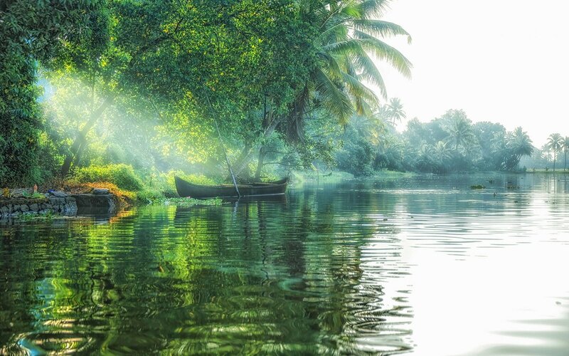 Boat on a River — Green, Serene, Morning