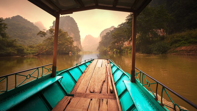 Boat on a River — Green, Serene, Sunset