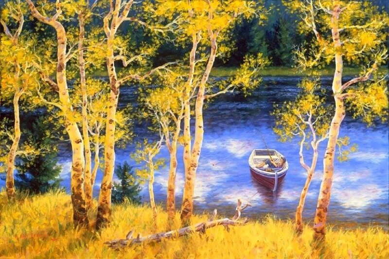 Boat on a River — Yellow, Serene, Autumn