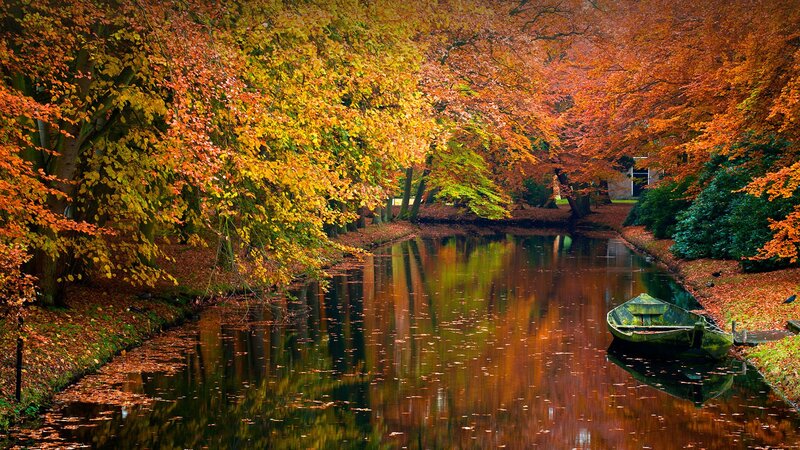 Boat on Autumn Canal — Orange