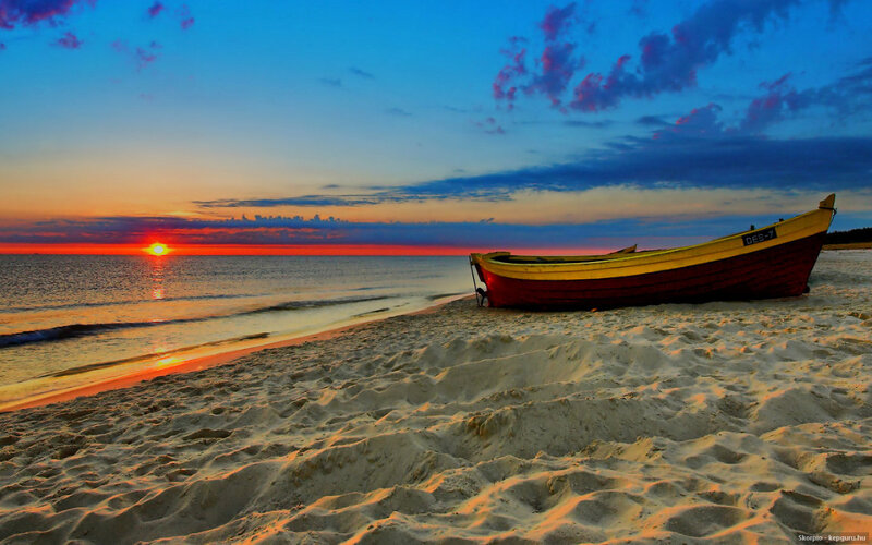 Boat on Beach at Sunset — Blue