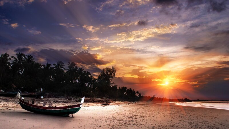 Boat on Beach at Sunset — Orange, Dramatic, Photograph