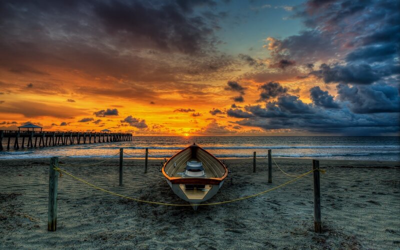 Boat on Beach at Sunset — Orange, Dramatic