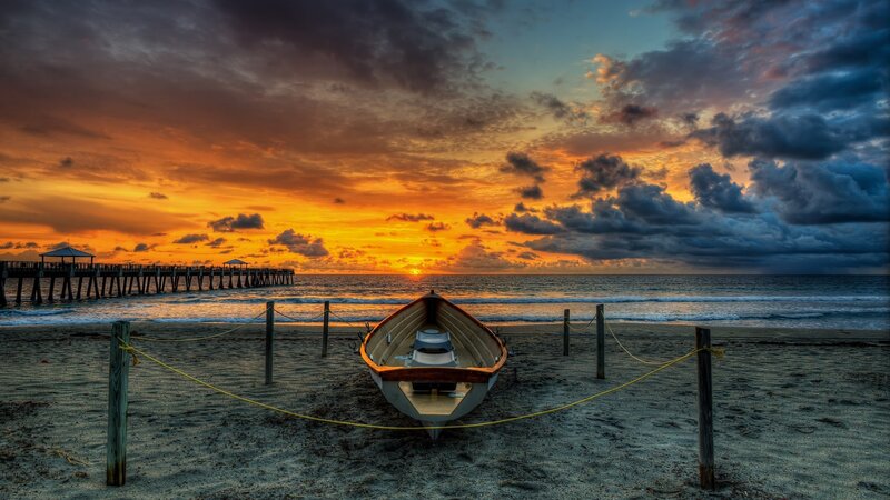 Boat on Beach at Sunset — Orange