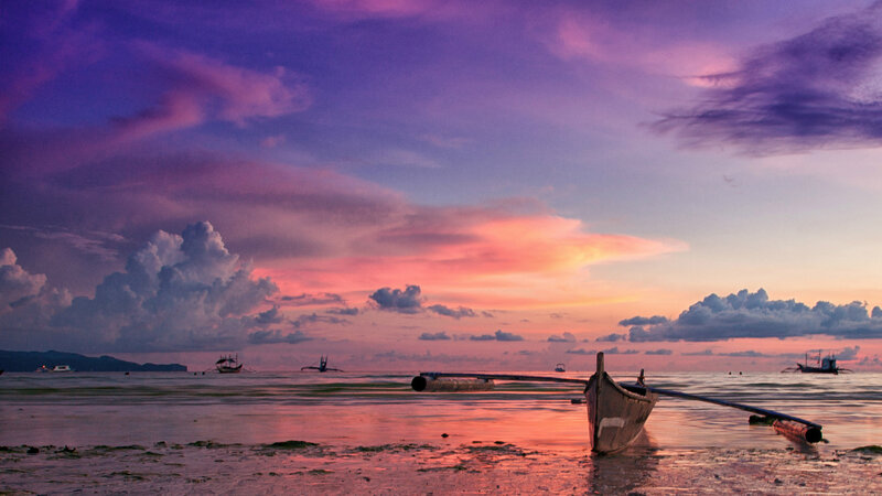 Boat on Beach at Sunset — Purple, Serene