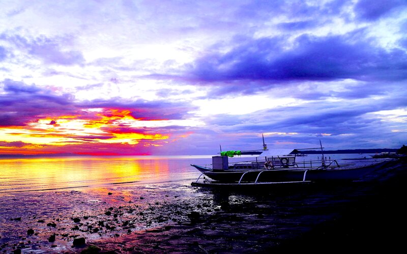 Boat on Beach at Sunset — Purple
