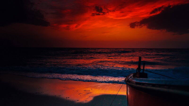 Boat on Beach at Sunset — Red