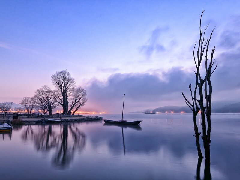 Boat on Calm Lake — Blue, Serene, Sunset