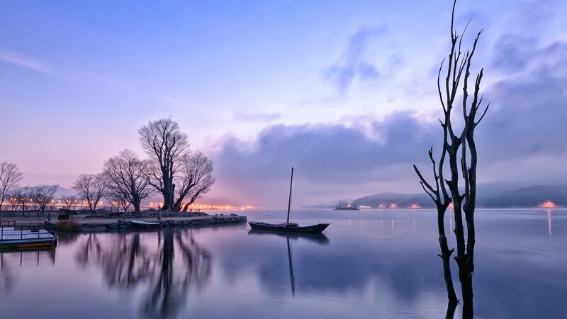 Boat on Calm Lake — Blue, Serene