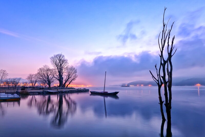 Boat on Calm Lake — Blue