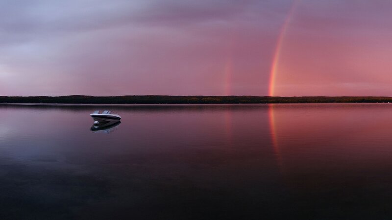 Boat on Calm Lake — Purple, Serene, Sunset
