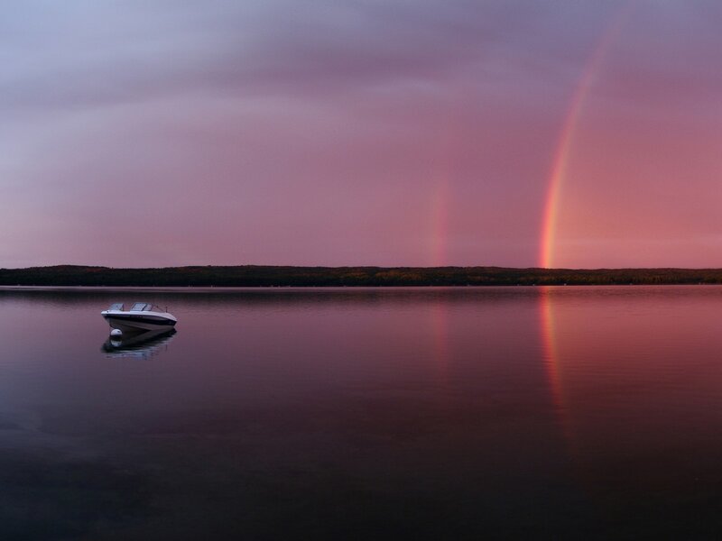 Boat on Calm Lake — Purple, Serene