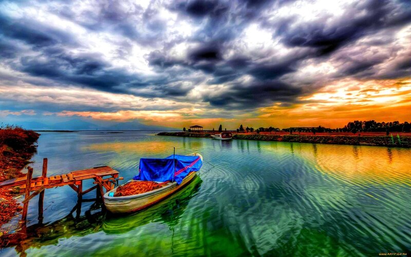 Boat on Calm Water — Blue, Dramatic, Sunset, Photograph, Dock, Clouds