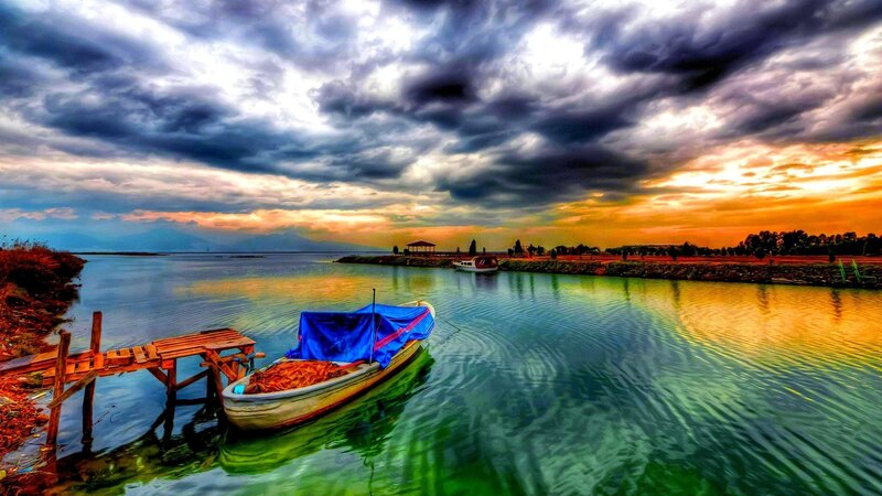 Boat on Calm Water — Blue, Dramatic, Sunset, Photograph