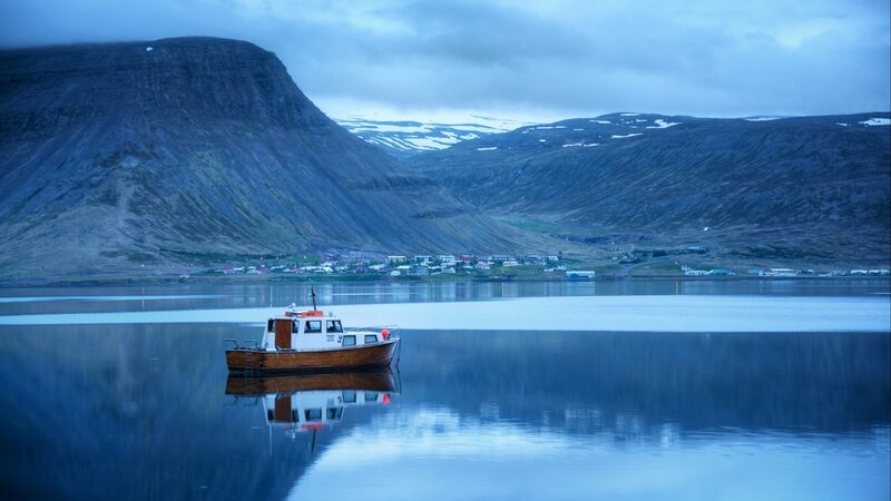 Boat on Calm Water — Blue, Serene, Morning