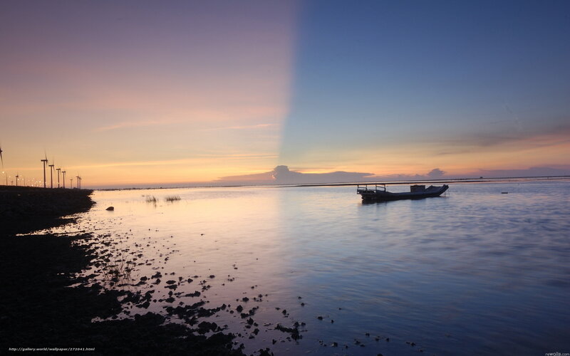 Boat on Calm Water — Blue, Serene, Sunset, Photograph, Wind Turbines