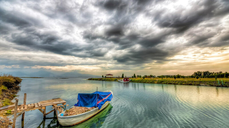 Boat on Calm Water — Gray, Dramatic, Sunset