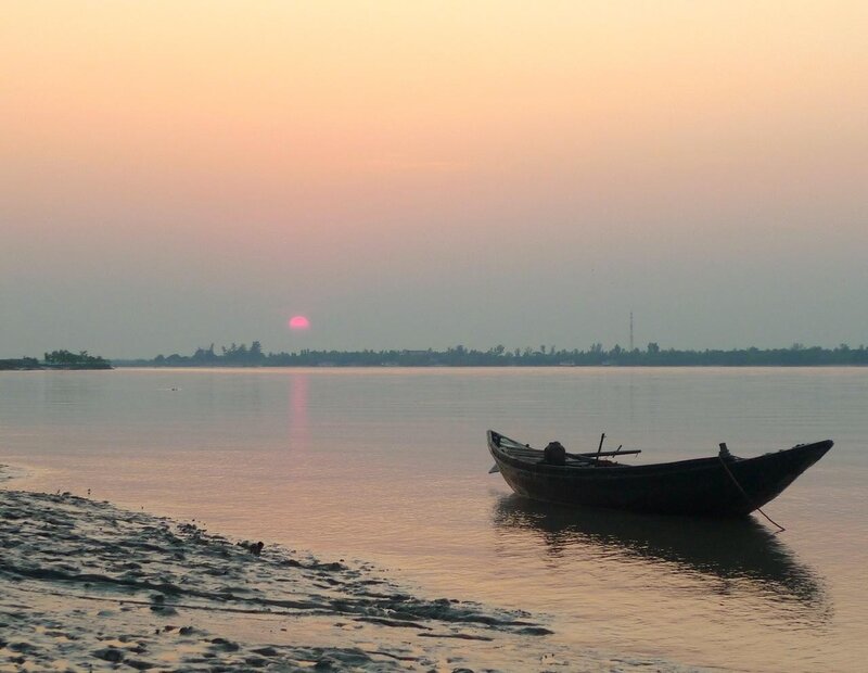 Boat on Calm Water — Orange, Serene, Sunset, Photograph, Sun, River