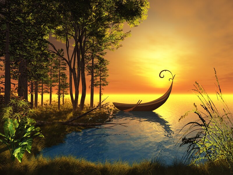 Boat on Calm Water — Orange, Serene