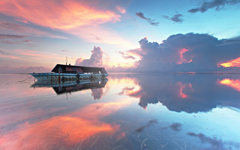 Boat on Calm Water — Pink, Serene