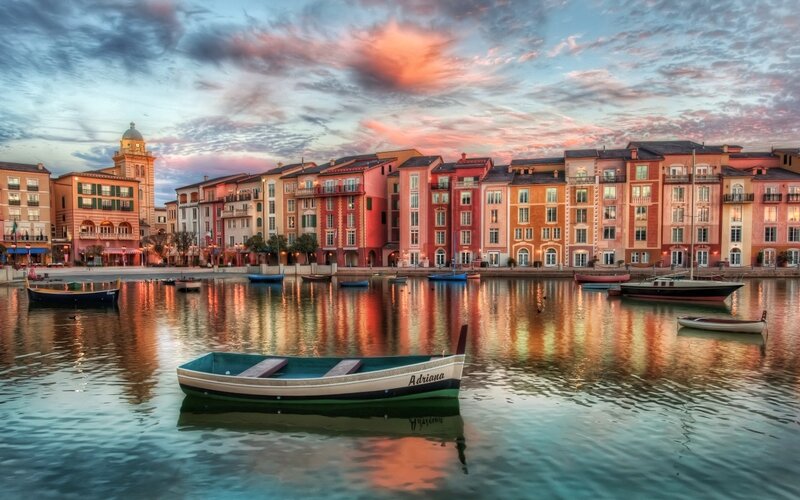 Boat on Canal at Dusk — Blue, Serene, Sunset