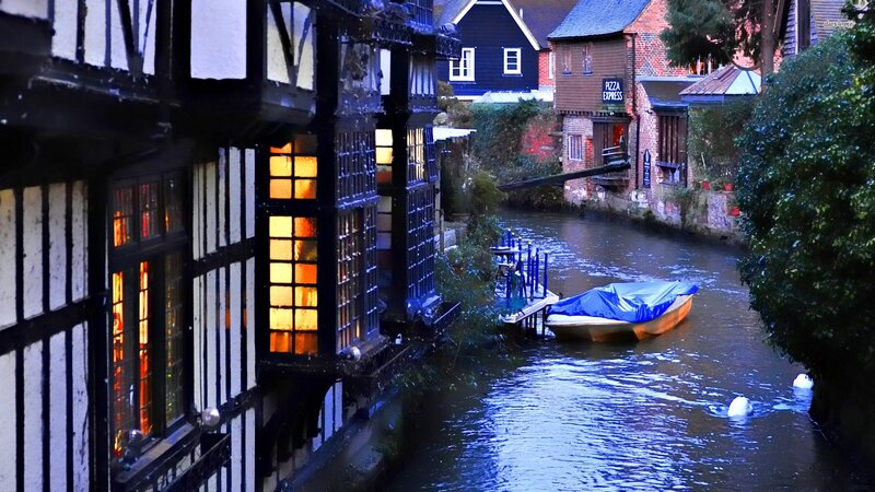 Boat on Canal at Dusk — Blue, Serene