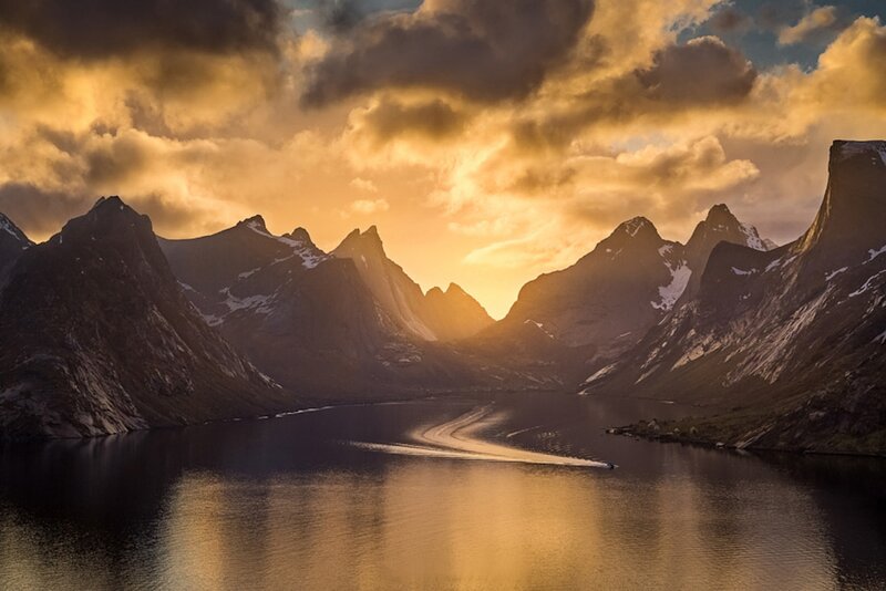 Boat on Fjord at Sunset — Gold