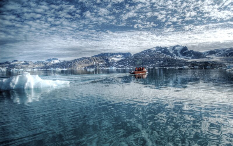 Boat on Icy Water — Blue, Serene, Photograph, Iceberg, Mountains, Sky