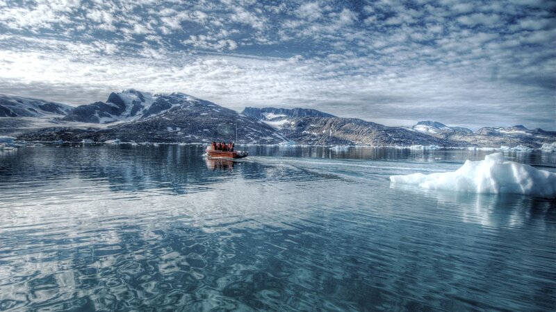 Boat on Icy Water — Blue, Serene, Photograph, Iceberg, Mountains