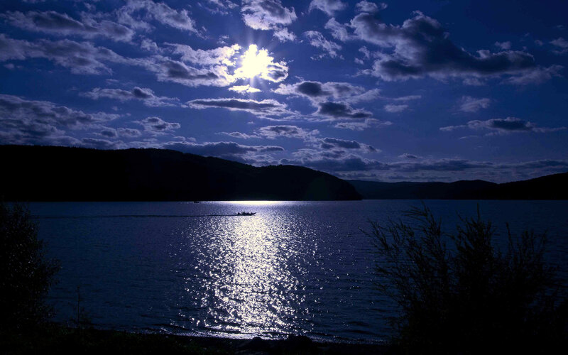 Boat on Lake at Night — Blue, Serene