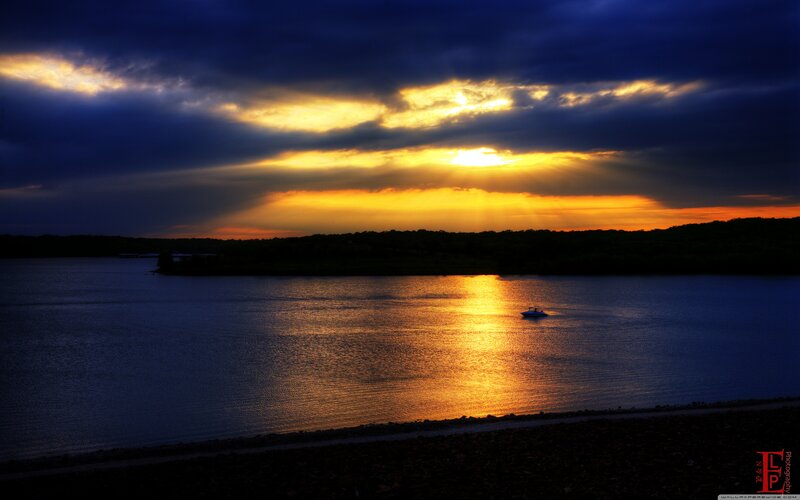 Boat on Lake at Sunset — Blue, Dramatic