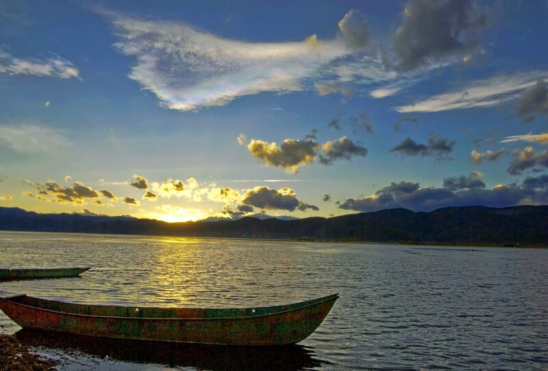 Boat on Lake at Sunset — Blue
