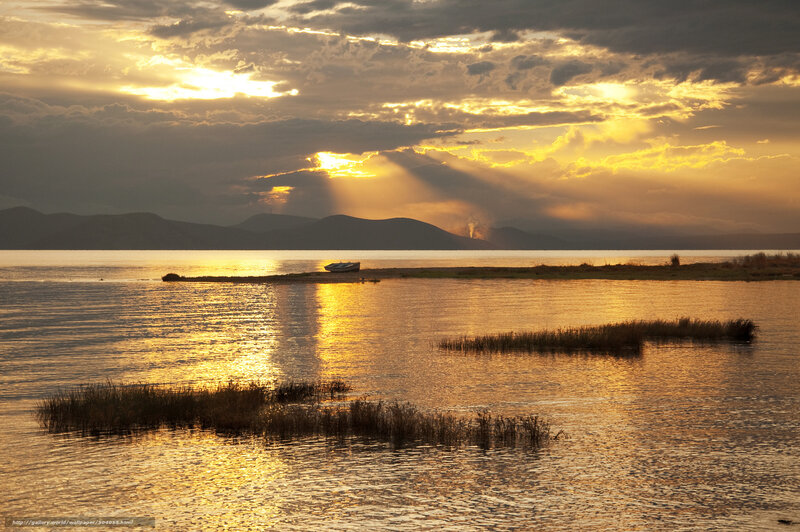 Boat on Lake at Sunset — Gold, Dramatic, Photograph