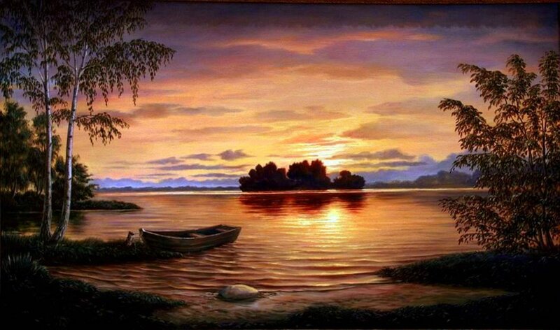 Boat on Lake at Sunset — Orange