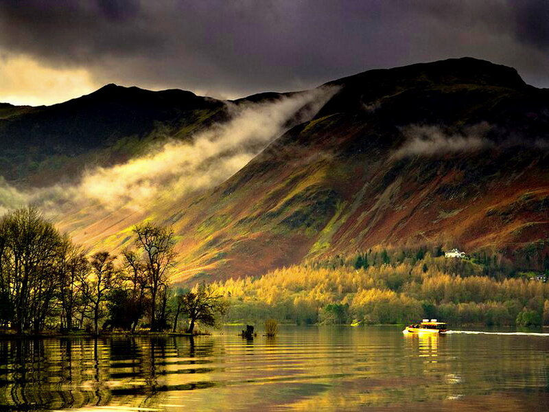 Boat on Lake with Mountains — Yellow