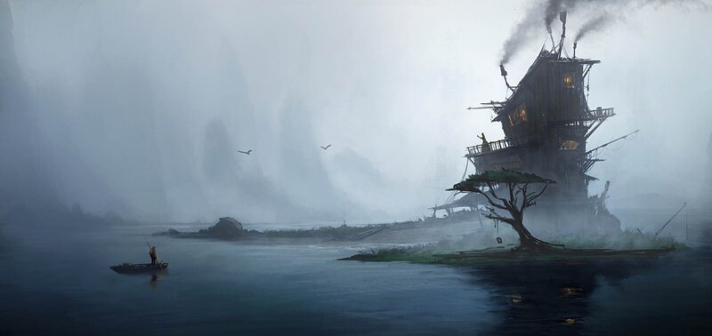 Boat on Misty Lake — Blue, Digital Art