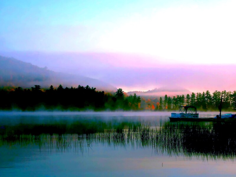 Boat on Misty Lake — Blue, Serene