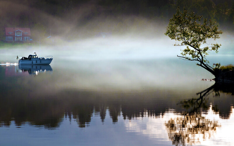 Boat on Misty Lake — Blue