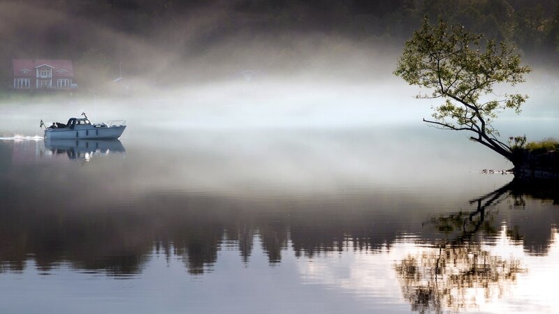 Boat on Misty Lake — Gray