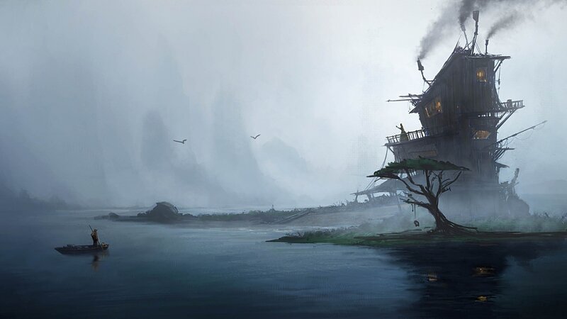 Boat on Misty River — Blue, Morning