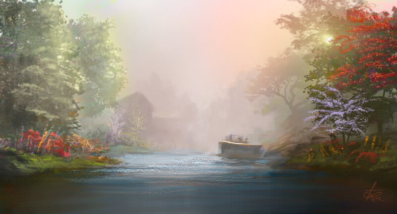 Boat on Misty River — Blue