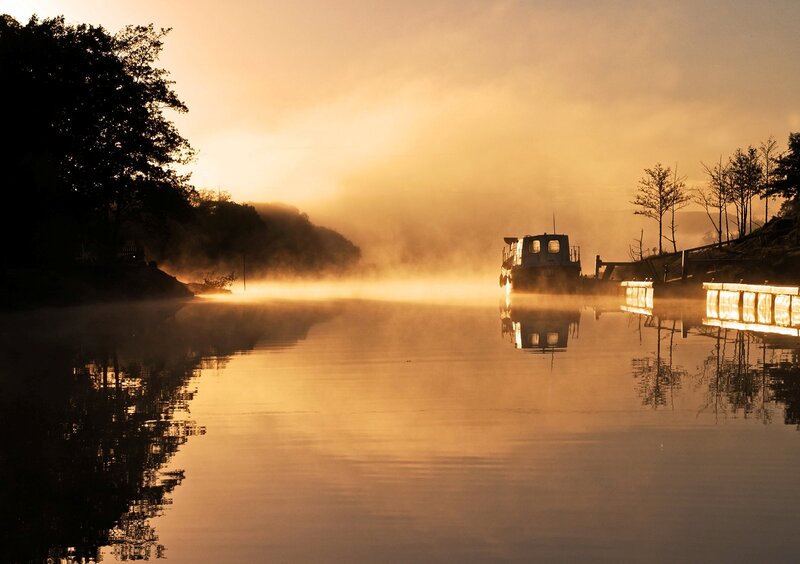 Boat on Misty River — Gold