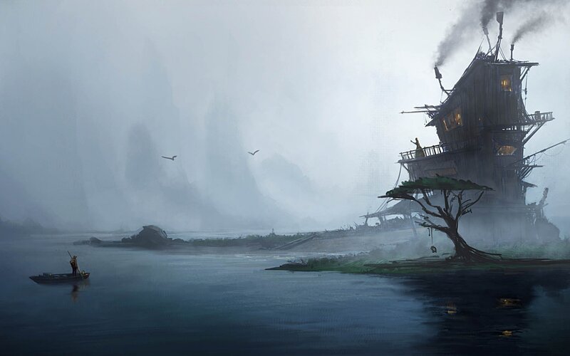 Boat on Misty River — Gray