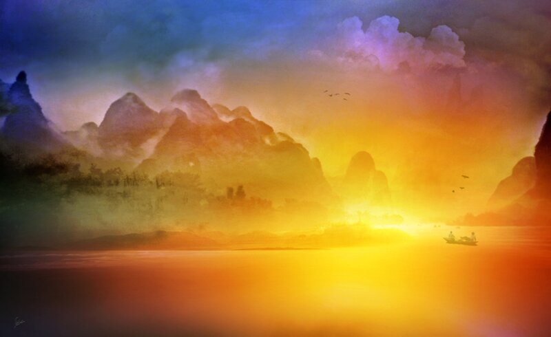Boat on Misty River — Yellow