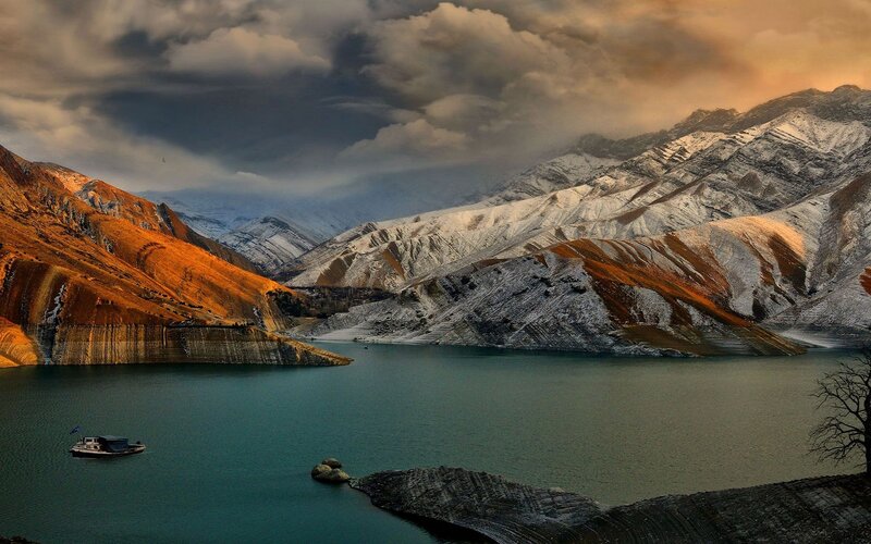 Boat on Mountain Lake — Blue, Dramatic