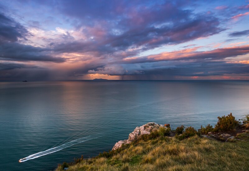 Boat on Ocean at Dusk — Blue