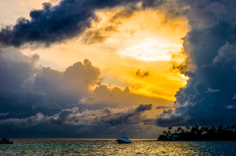 Boat on Ocean at Sunset — Yellow, Dramatic