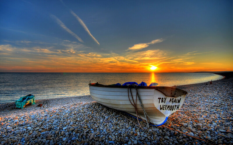 Boat on Pebble Beach — Blue, Serene