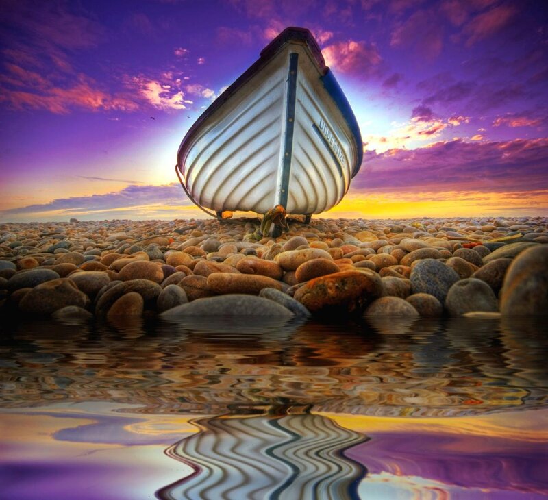 Boat on Pebble Beach — Purple